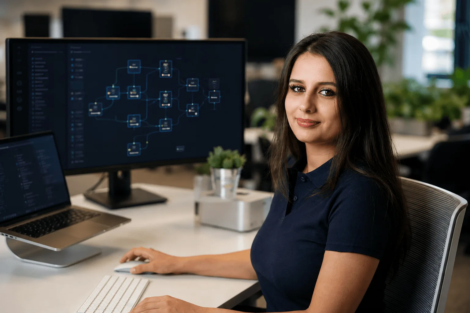 Abendlicher Arbeitsplatz, auf dem Monitor ein Dashboard mit Kampagnen-Diagrammen