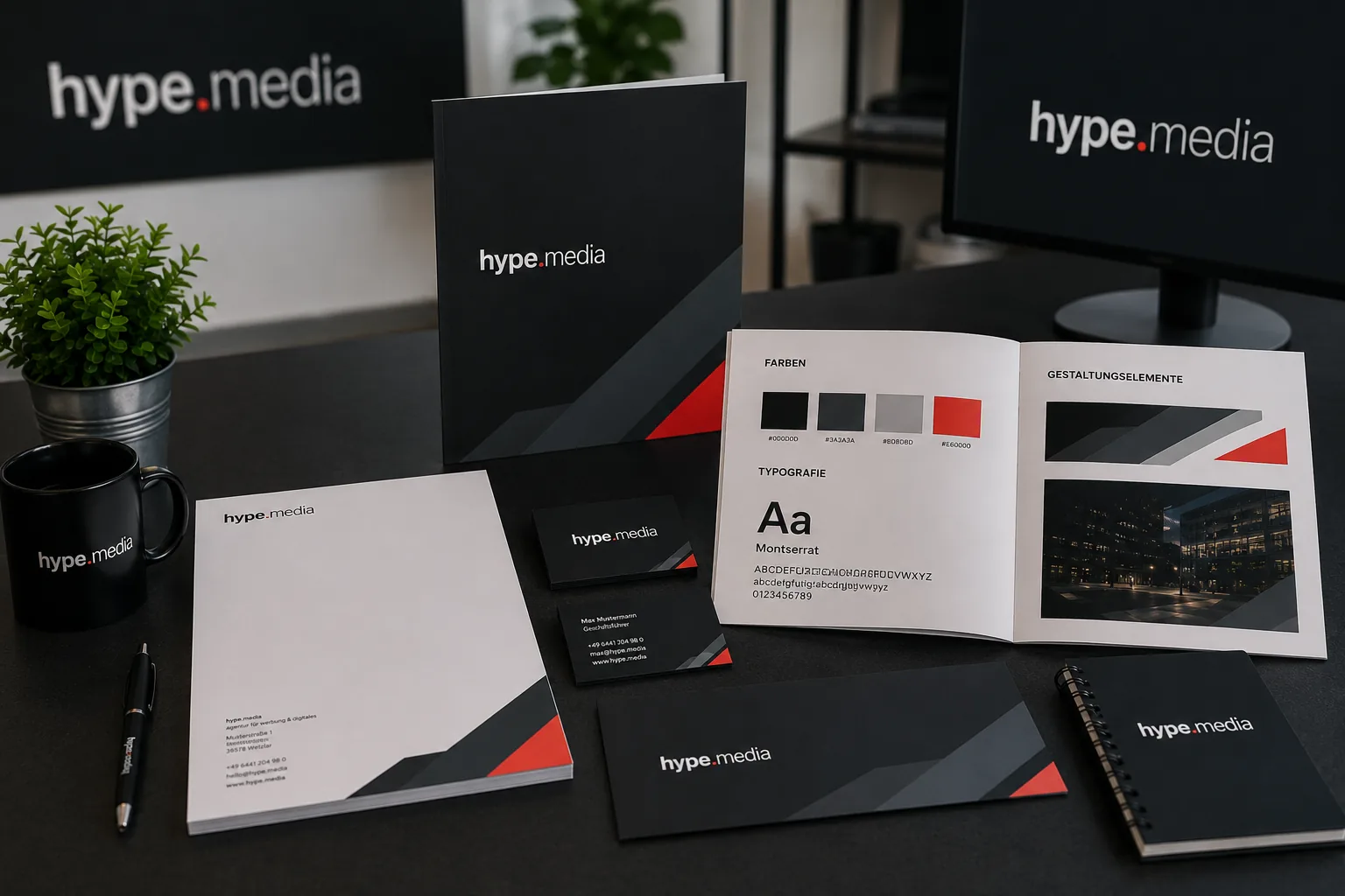 Geschäftsausstattung im hype.media-Design: Briefpapier, Mappe, Visitenkarten und Farbpalette
