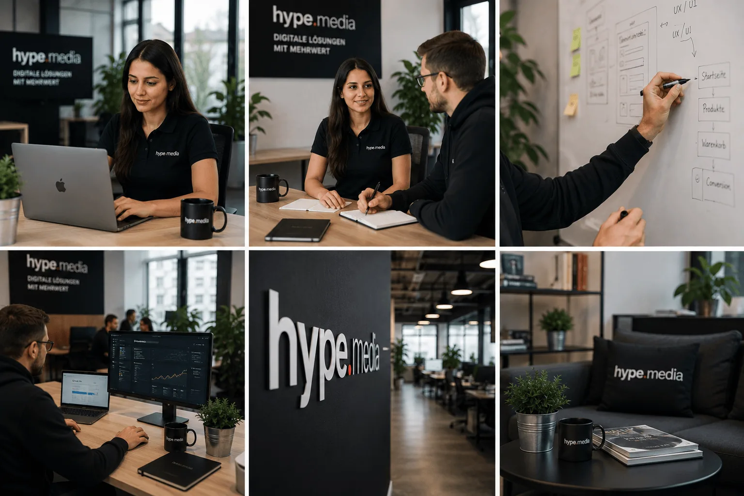 Bildcollage aus dem hype.media-Büro: Beratung, Planung am Whiteboard und Arbeit am Rechner