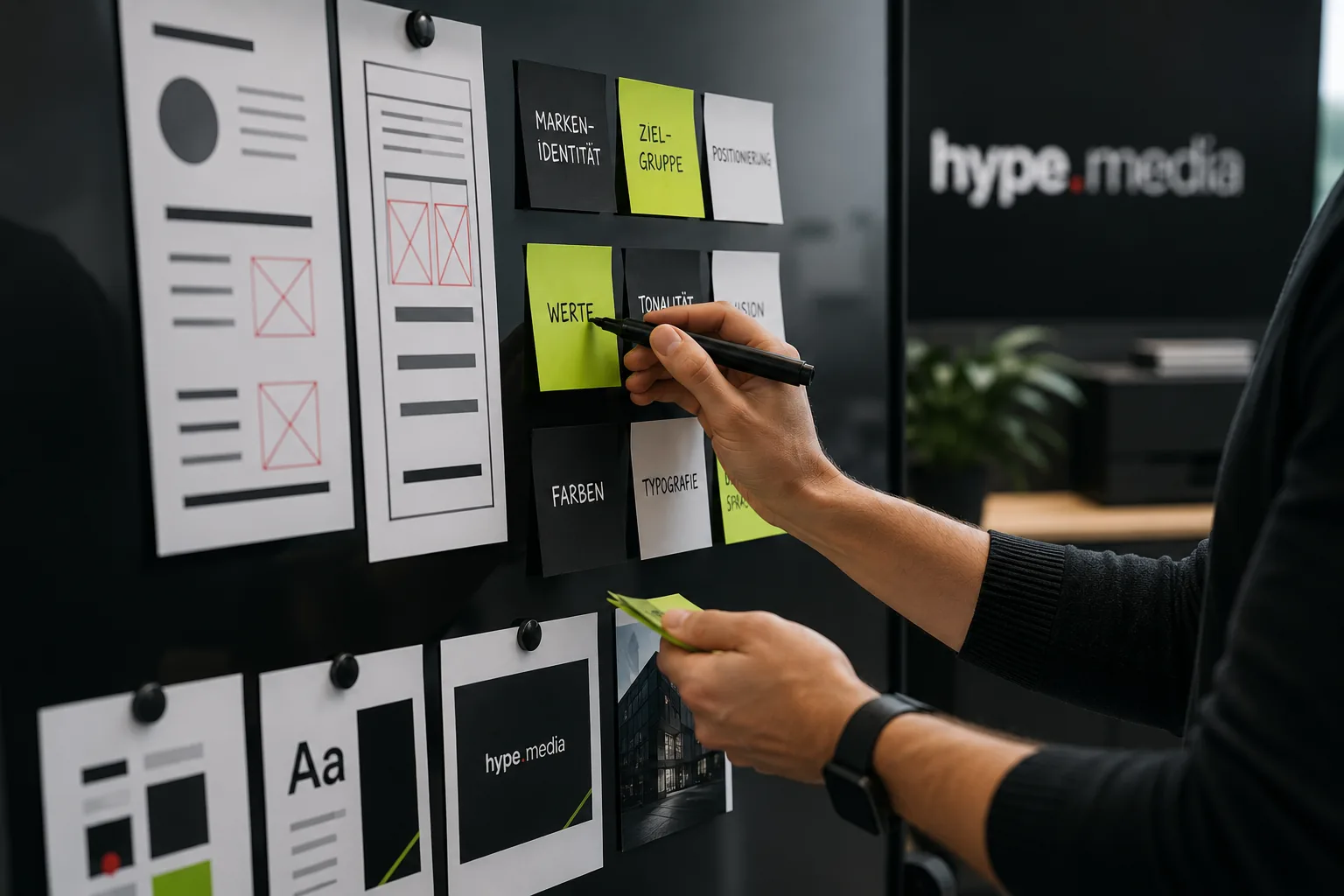 Markenworkshop: Notizzettel zu Markenidentität, Zielgruppe, Werten und Farben an einer Wand