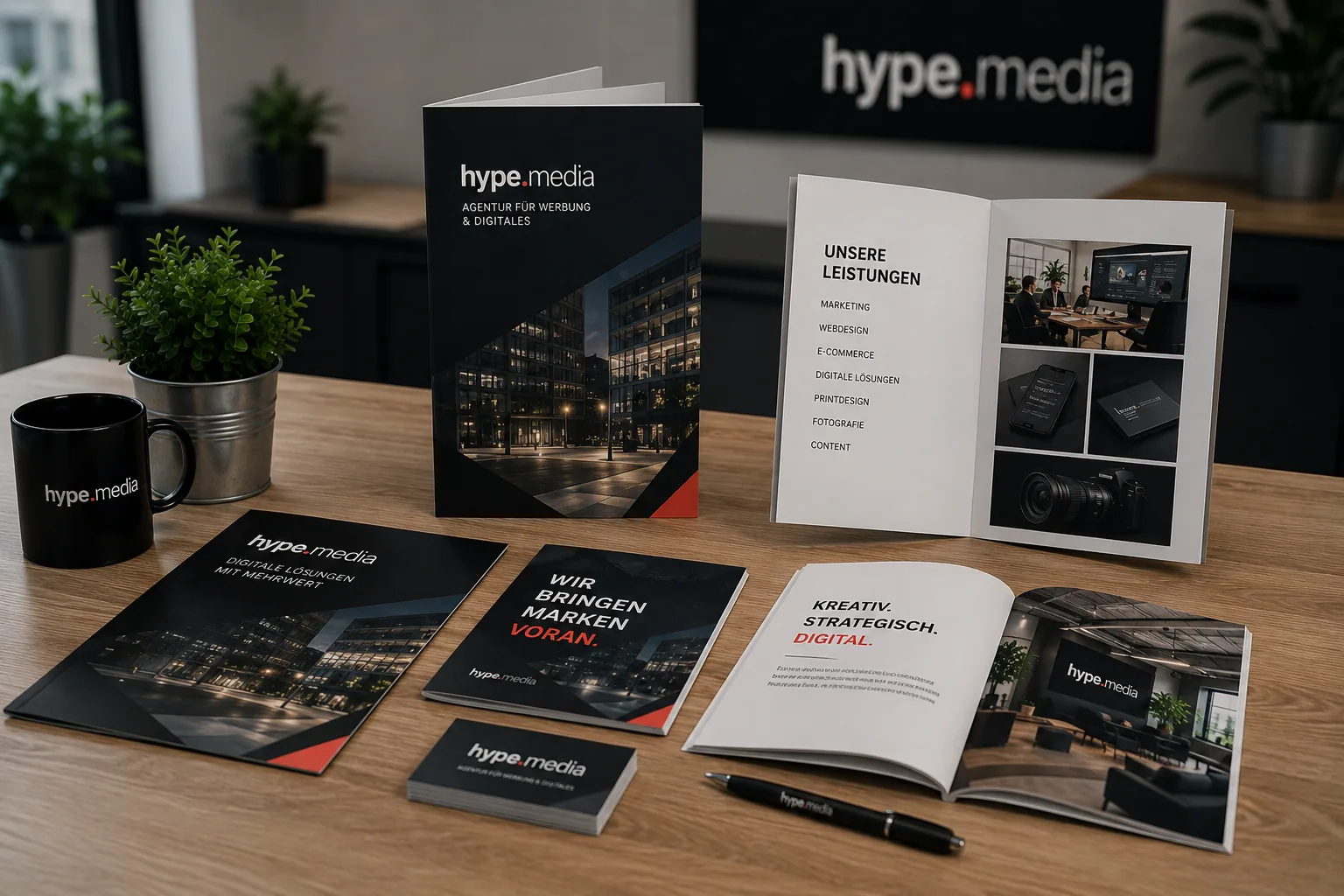 Broschüren, Flyer und Visitenkarten von hype.media auf einem Holztisch