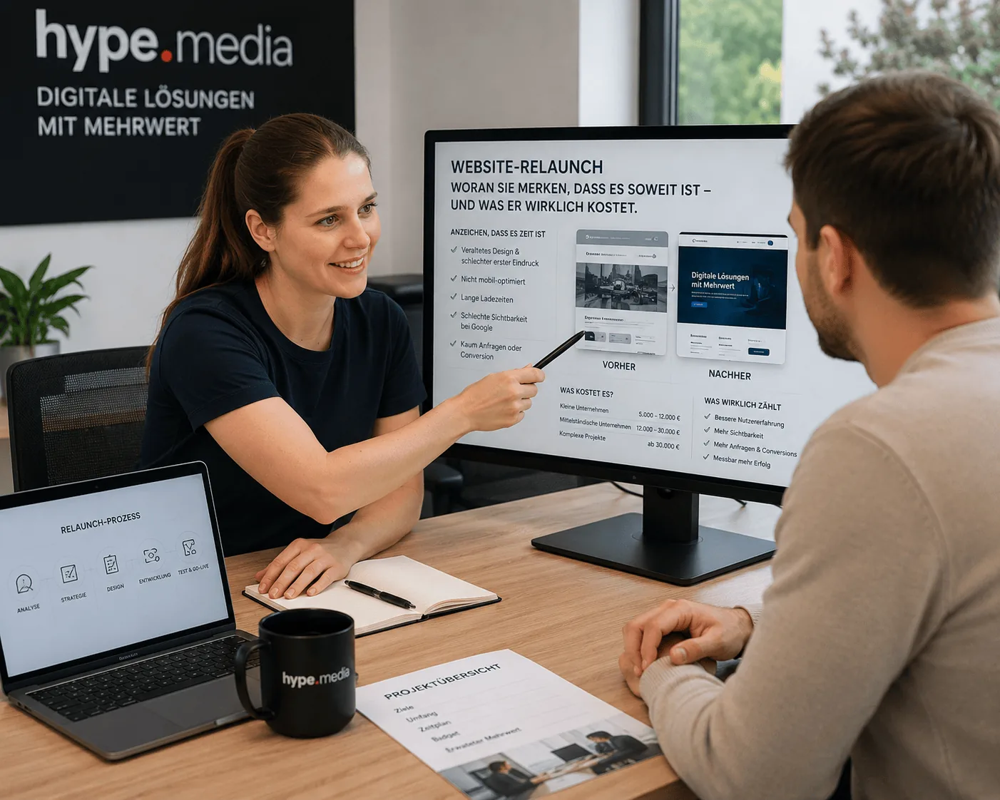Zwei Monitore im Vergleich: alte Website und neues Layout, daneben Wireframe-Skizzen