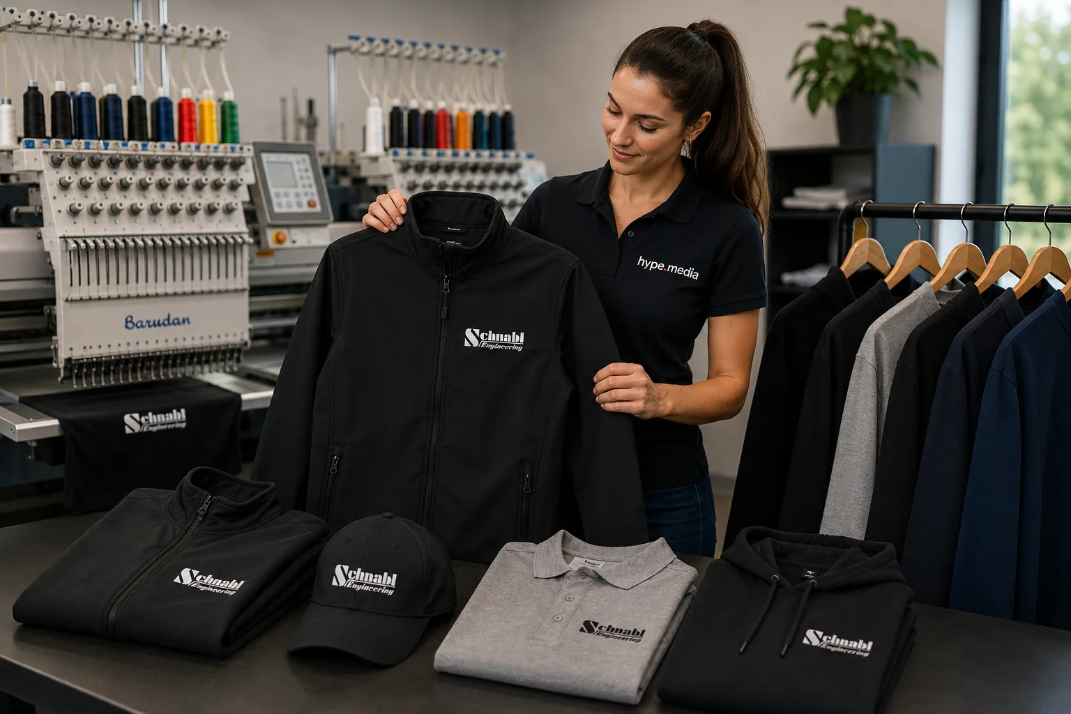 Mehrkopf-Stickmaschine stickt ein Emblem auf eine schwarze Jacke, daneben Poloshirts und Cap