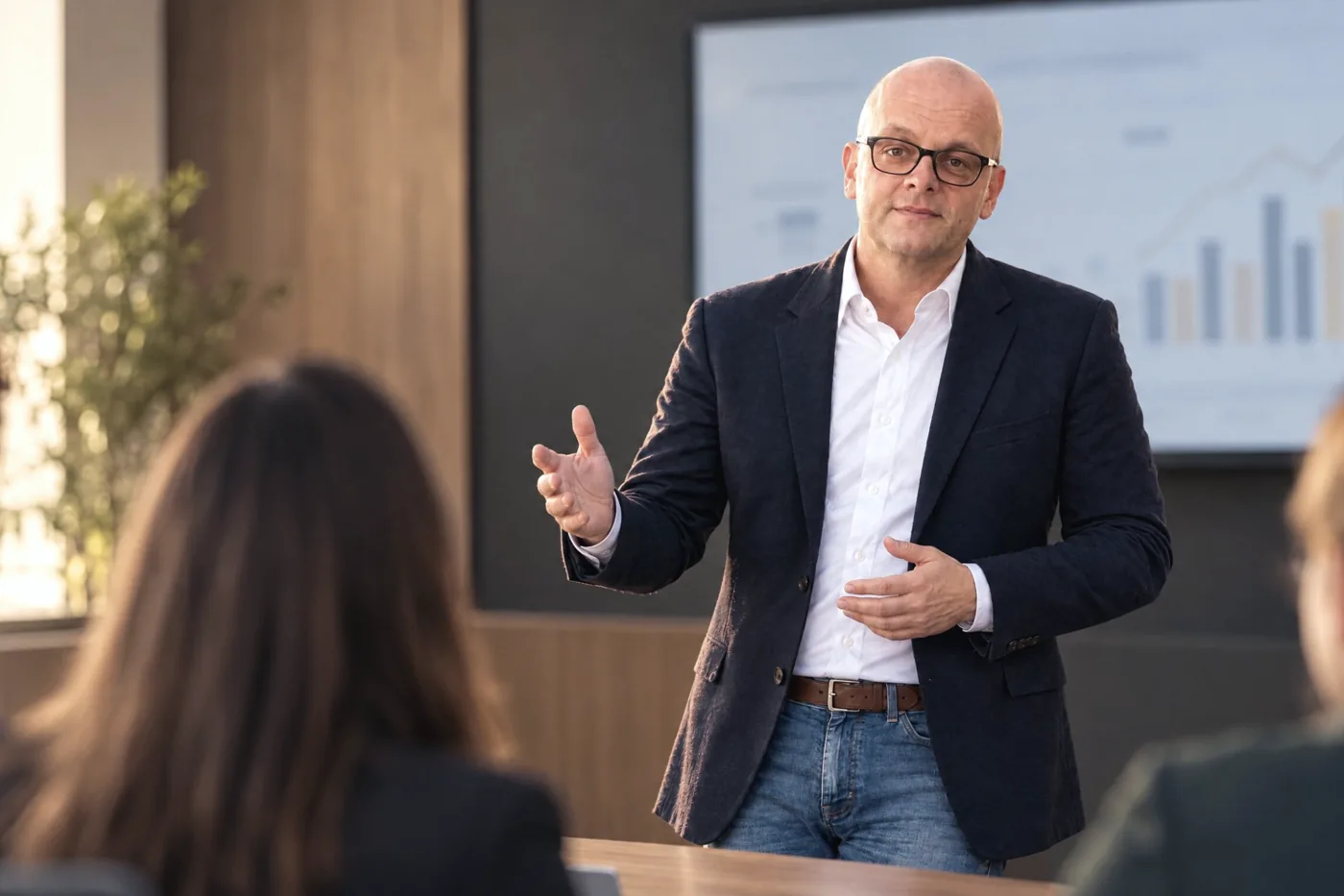 Bastian Schütz erläutert in einem Strategie-Workshop eine Auswertung am Bildschirm