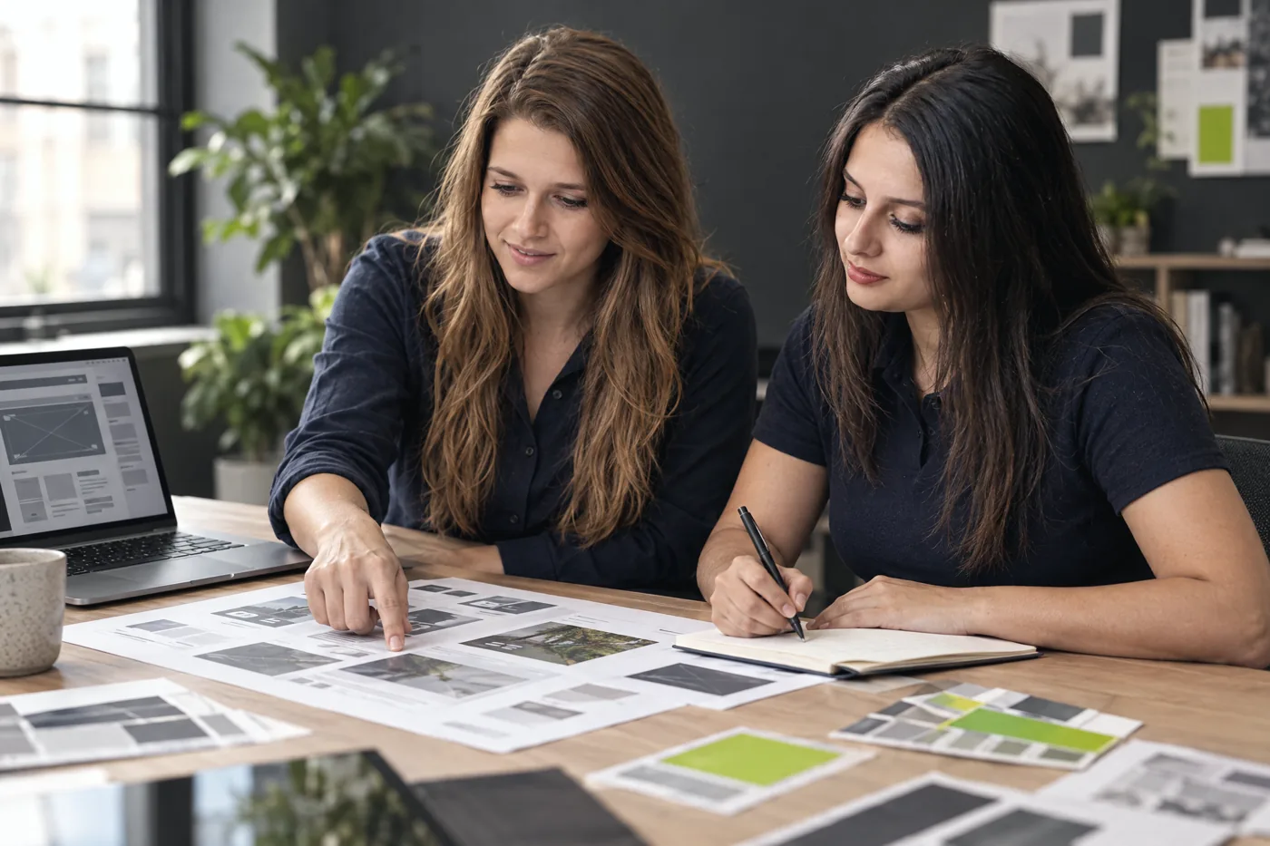 Janina Deichsler und Luisa Vierbuchen planen am Arbeitstisch Website und Kampagne
