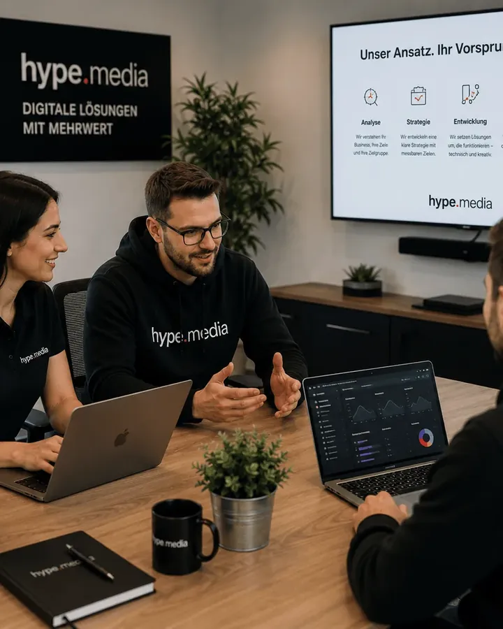 Team-Besprechung im hype.media-Büro mit Laptops und Präsentation