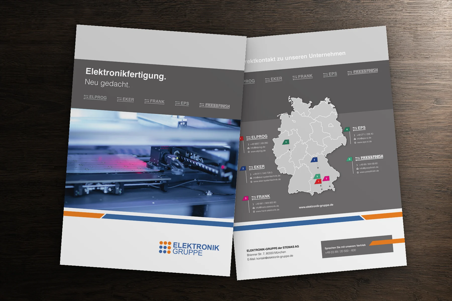 Imagebroschüre der ELEKTRONIK-GRUPPE: Titel Elektronikfertigung. Neu gedacht. und Rückseite mit Deutschlandkarte