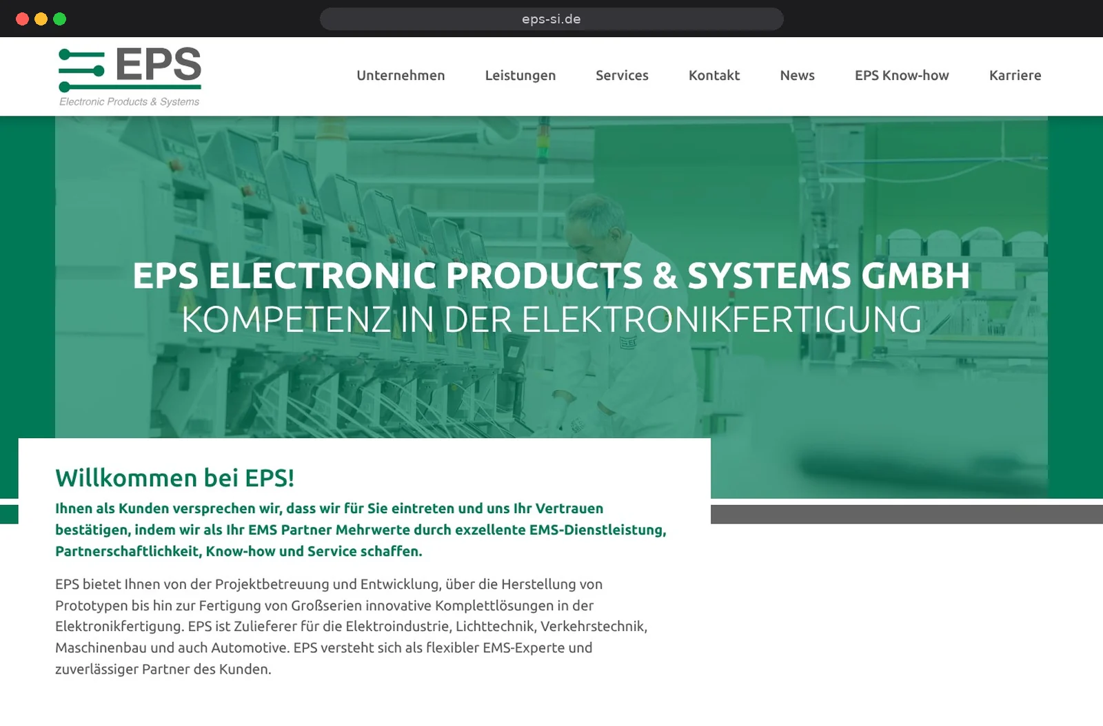 Website der EPS Electronic Products & Systems GmbH im Browser