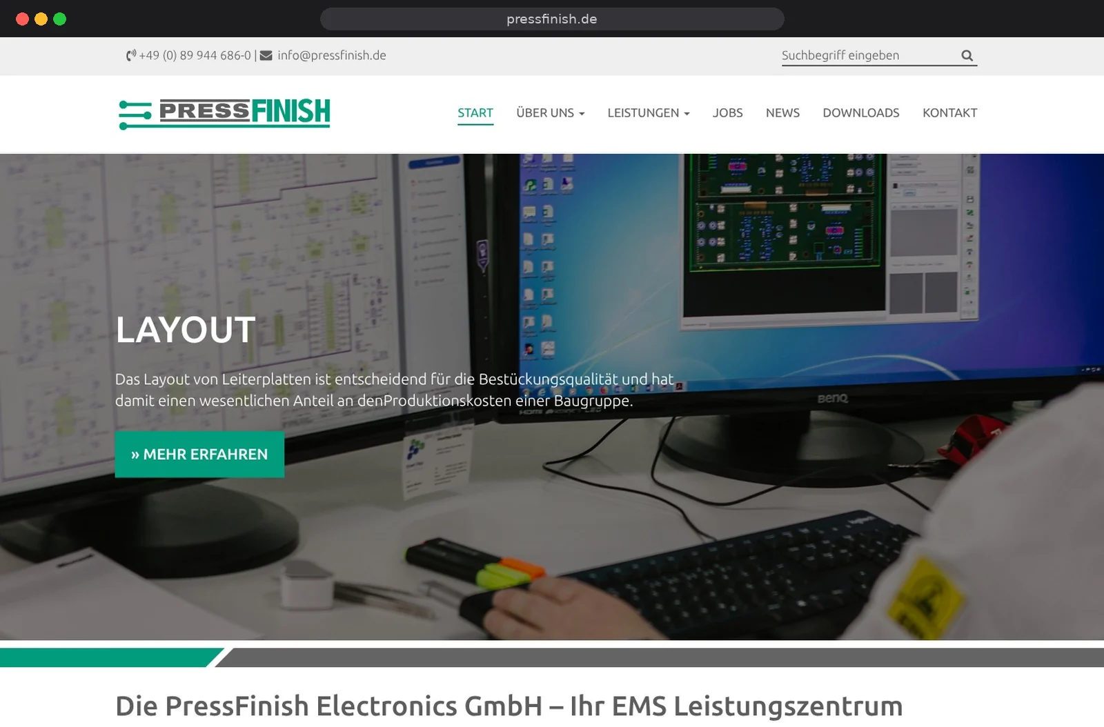 Website der PressFinish Electronics GmbH im Browser