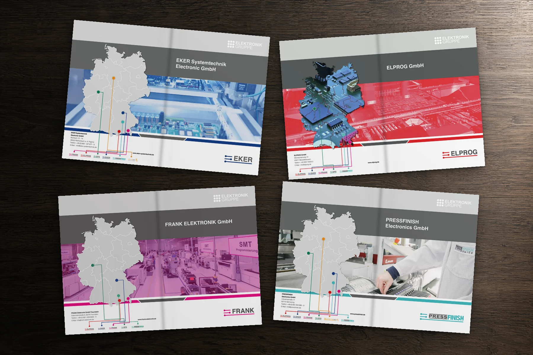 Vier Folder im Gruppen-Design: EKER, ELPROG, FRANK und PressFinish