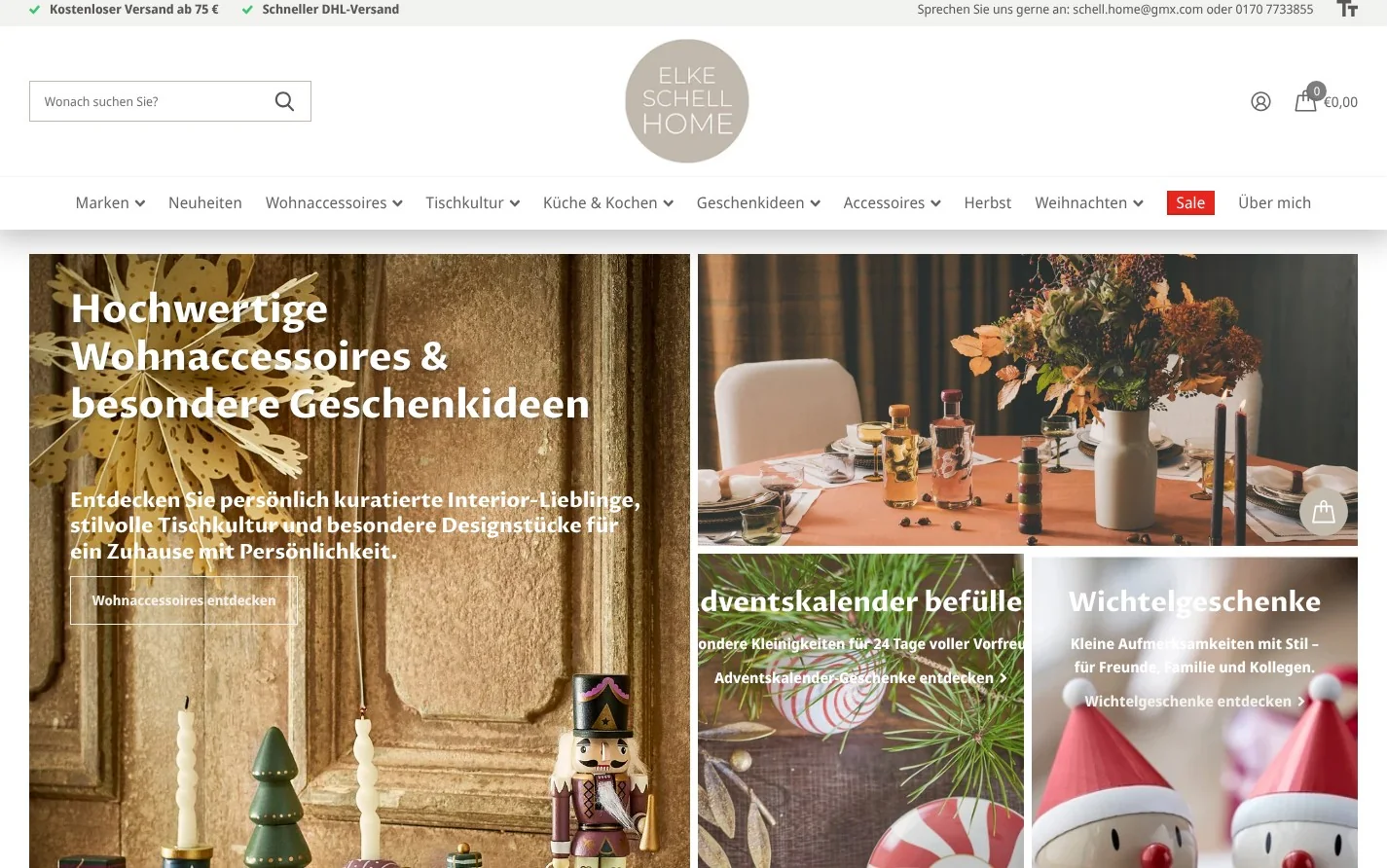 Startseite von Elke Schell HOME mit großen Themenkacheln