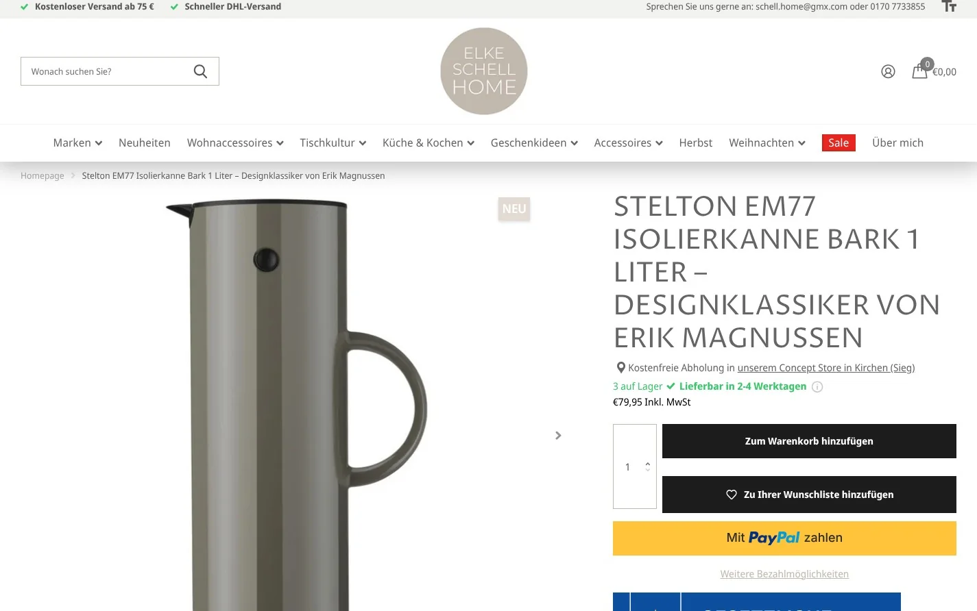 Produktseite einer Isolierkanne mit Warenkorb, Wunschliste und PayPal