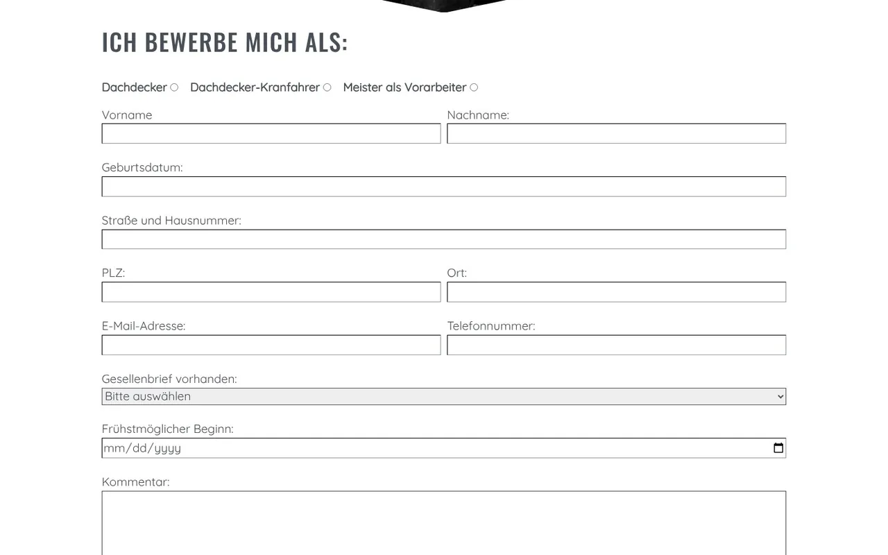 Bewerbungsformular auf kerl-genug.de mit Auswahl Dachdecker, Dachdecker-Kranfahrer oder Meister als Vorarbeiter