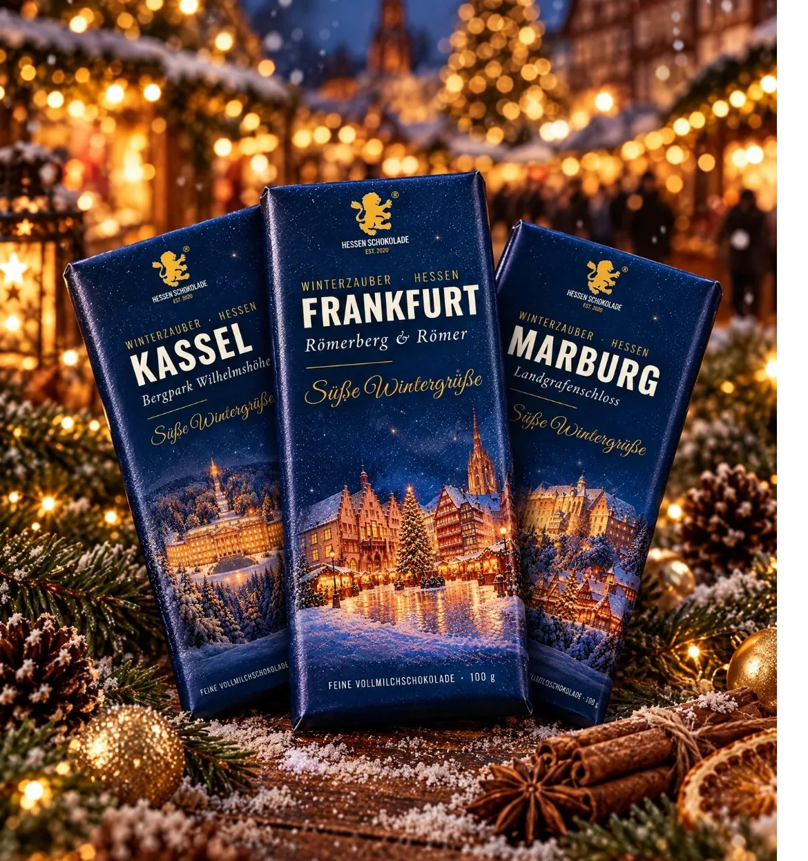 Hessen Schokolade Winterzauber Hessen: drei Tafeln vor weihnachtlicher Altstadt
