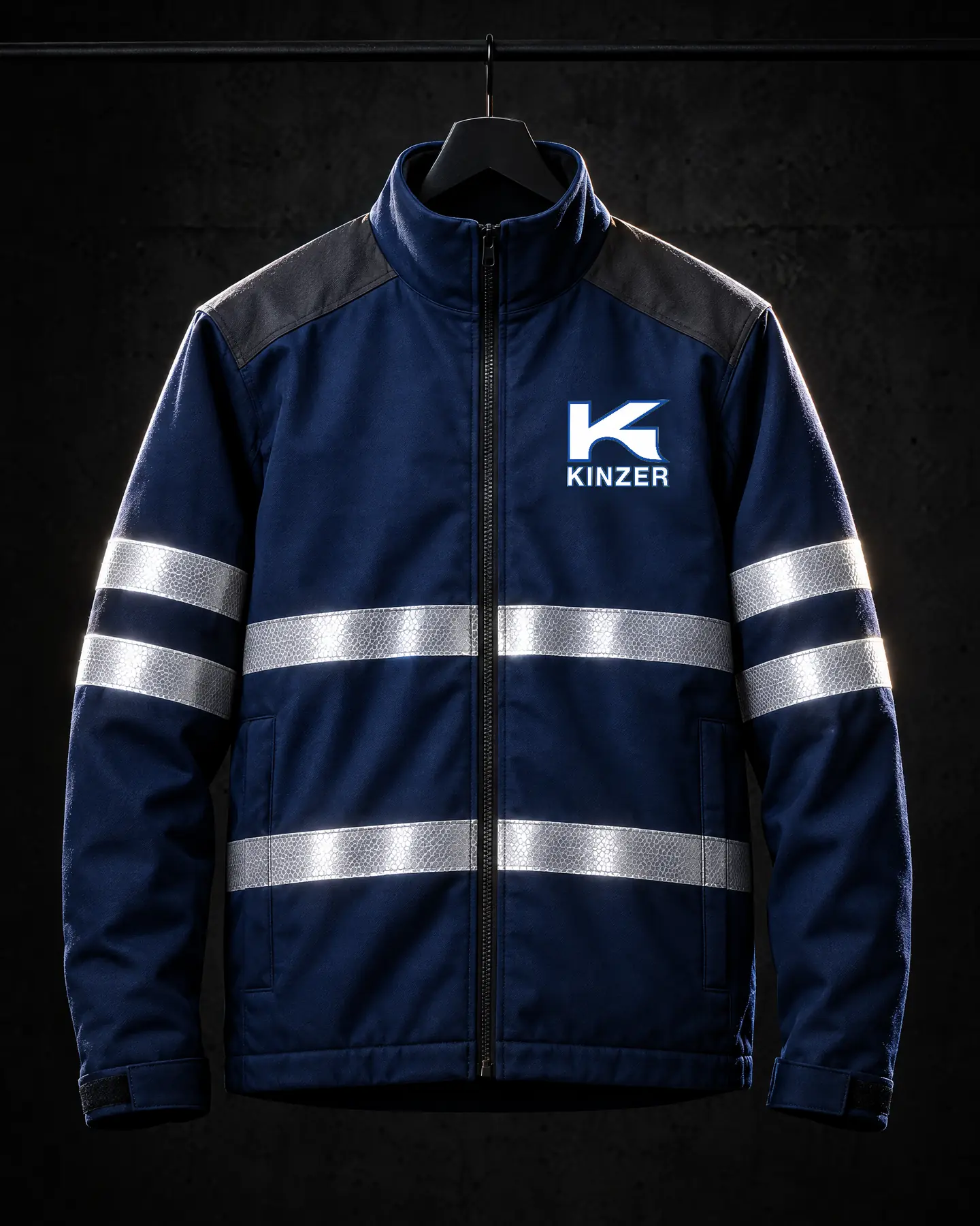 Dunkelblaue Arbeitsjacke mit Reflexstreifen und Kinzer-Logo auf der Brust am Bügel