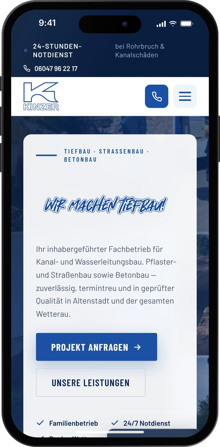 Kinzer Bau – Website auf dem Smartphone