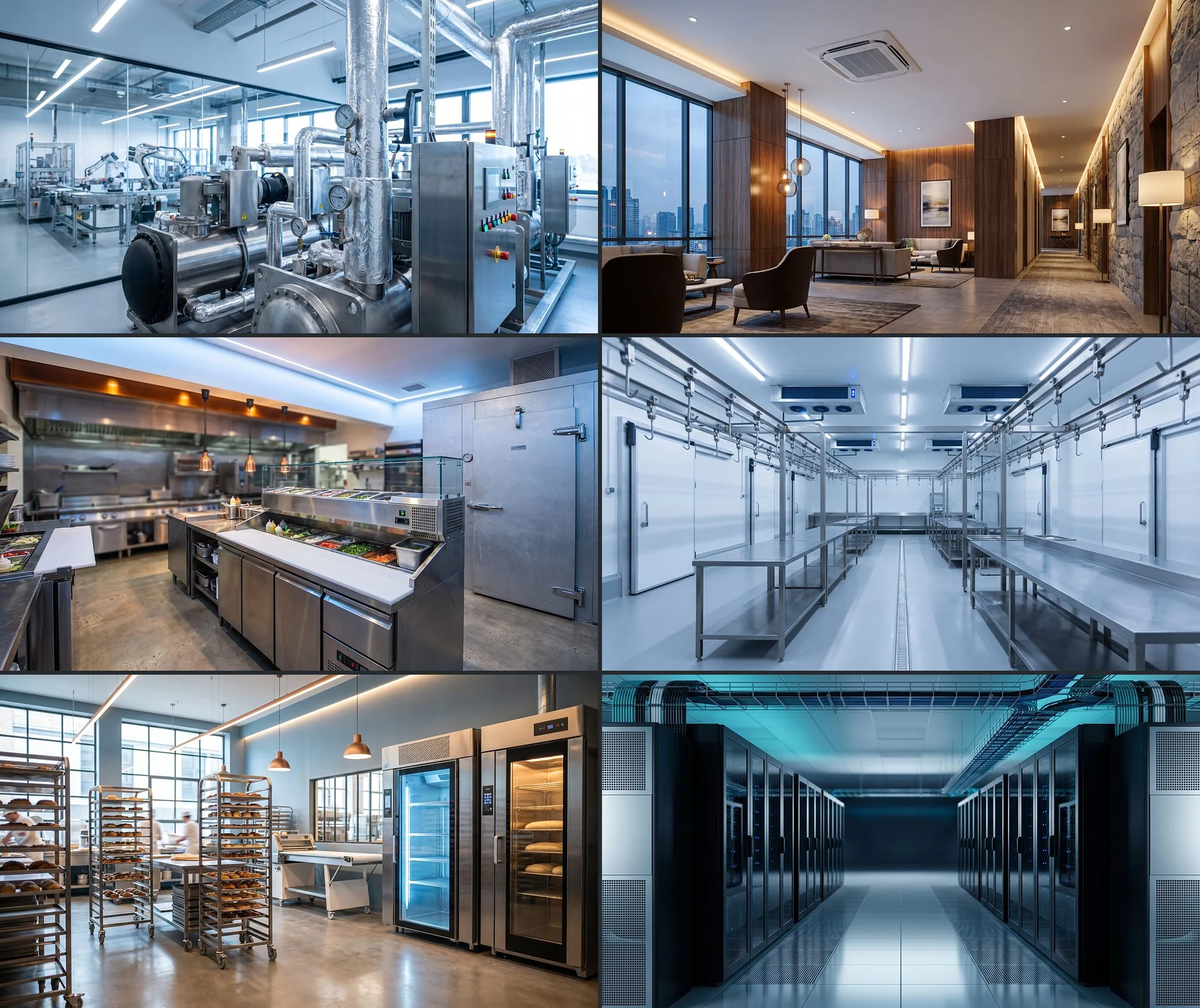 Sechs Branchenbilder der WINZ-Website: Industrie, Hotel, Gemeinschaftsverpflegung, Fleischverarbeitung, Bäckerei, Rechenzentrum