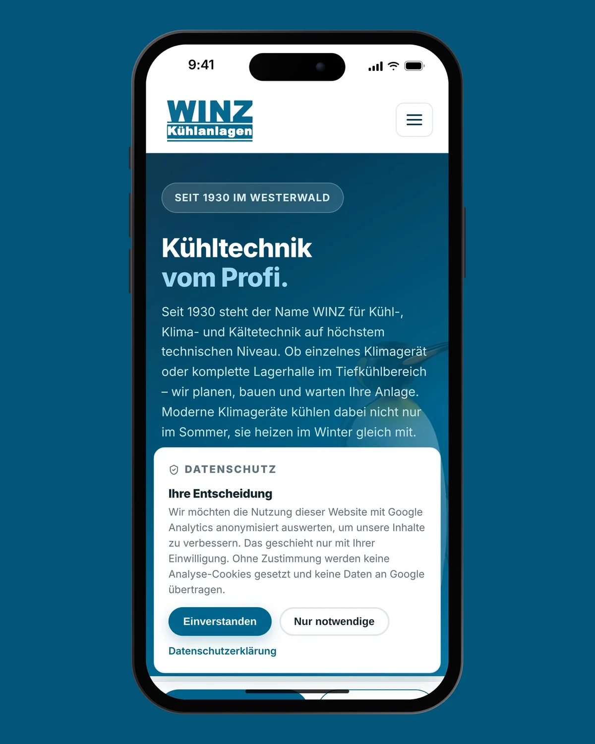 Consent-Banner der WINZ-Website auf dem Smartphone mit den Optionen Einverstanden und Nur notwendige