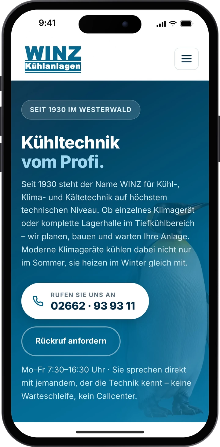 Kühlanlagen Winz – Website auf dem Smartphone
