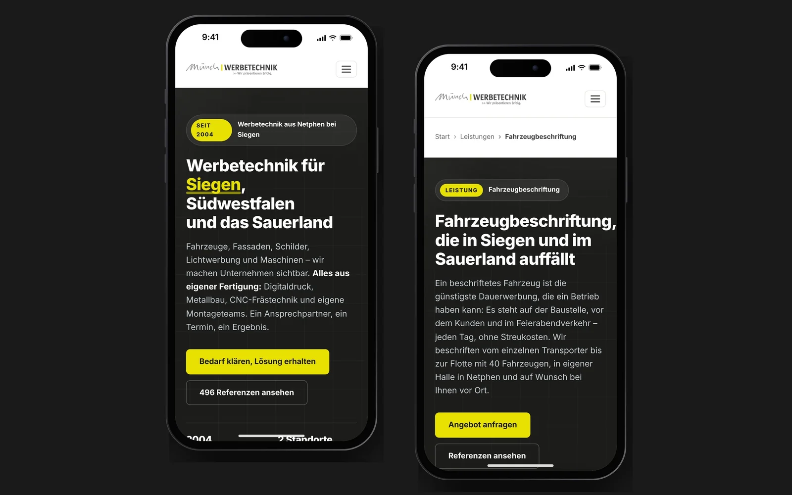 Münch Website auf zwei Smartphones: Startseite und Seite Fahrzeugbeschriftung