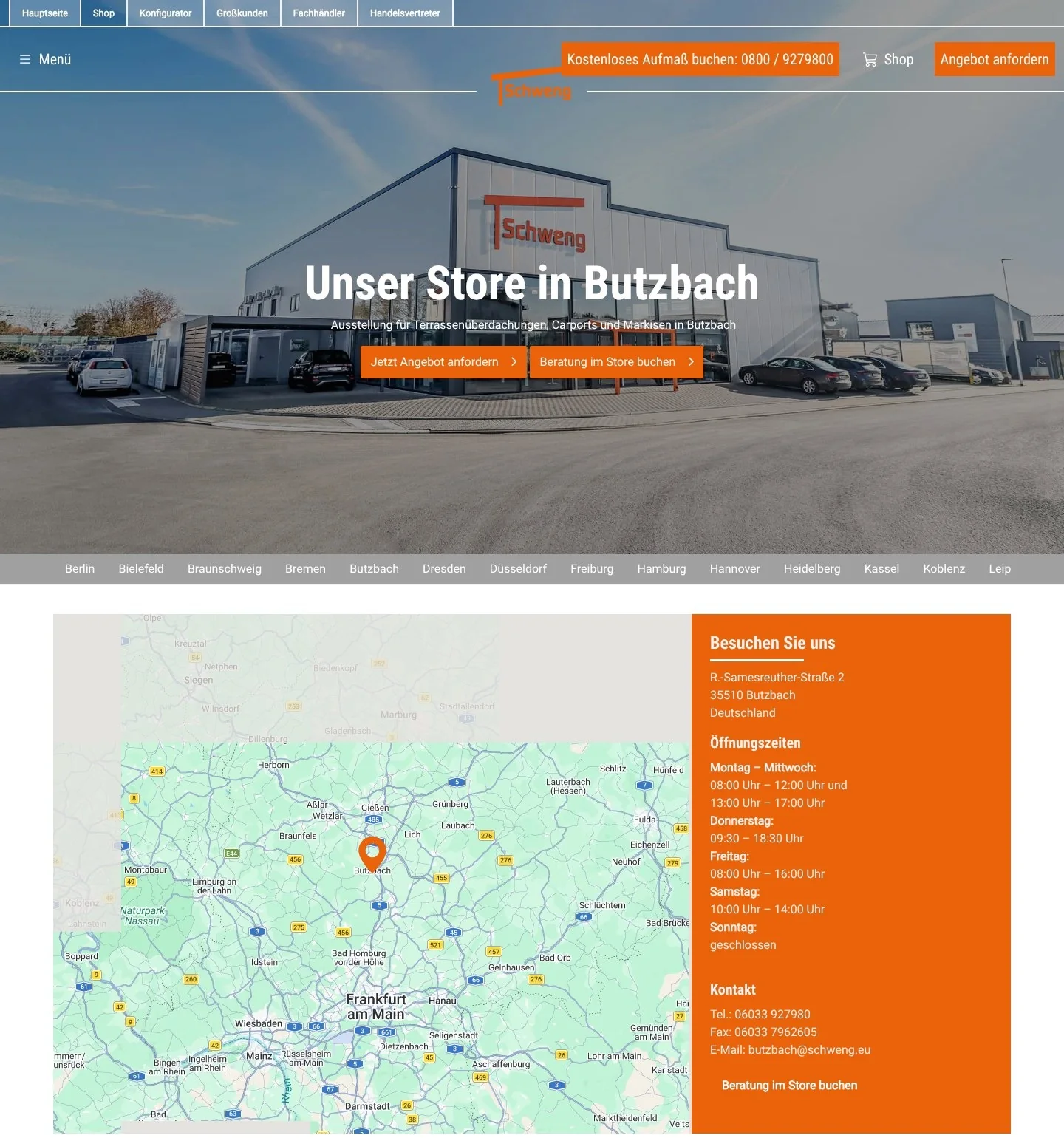 Standortseite des Schweng Stores in Butzbach mit Karte und Öffnungszeiten