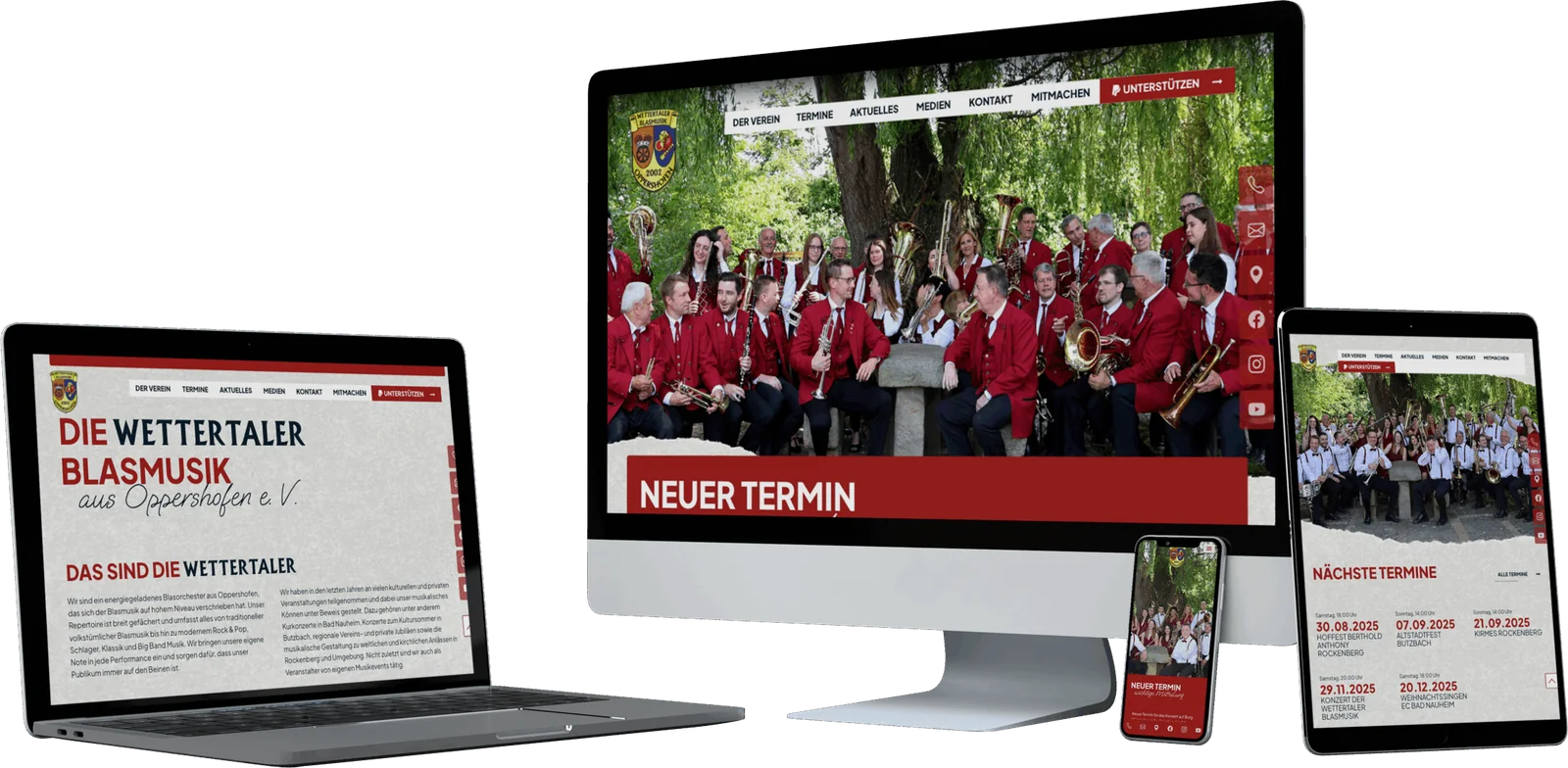 Website der Wettertaler Blasmusik auf Desktop, Laptop, Tablet und Smartphone