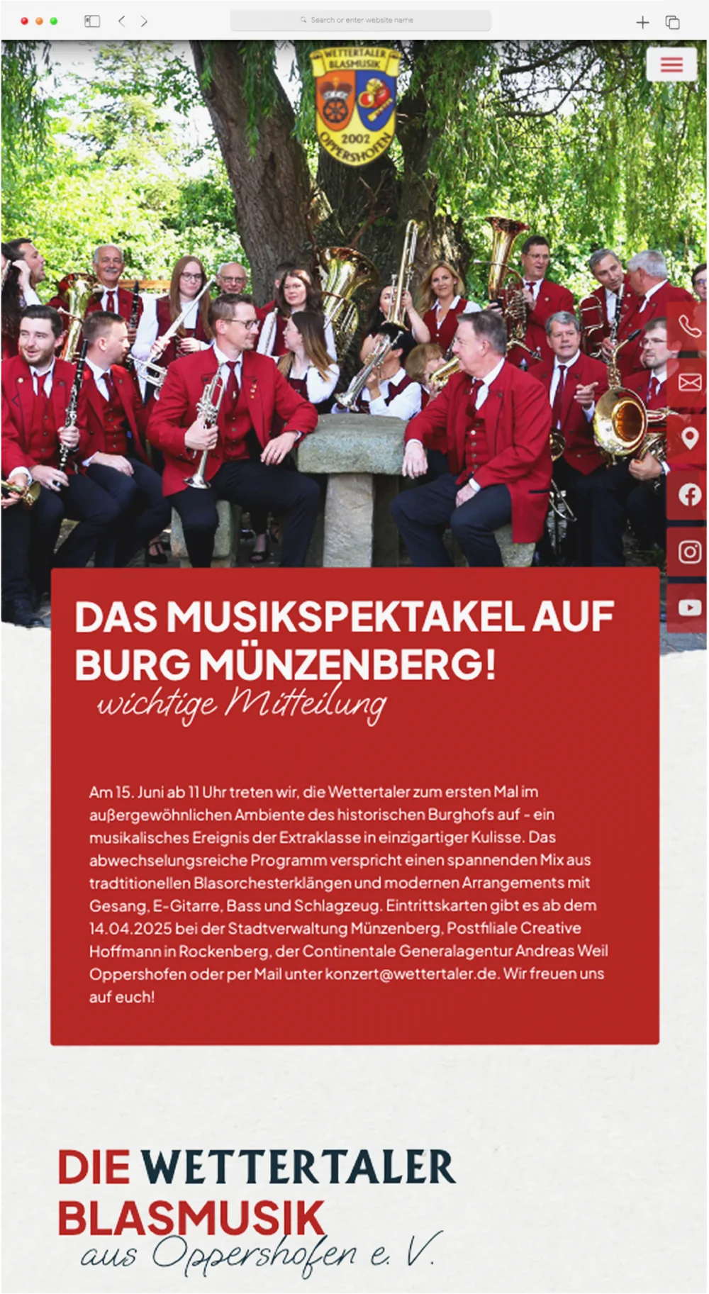 Startseite der Wettertaler mit Hinweis auf ein Konzert auf Burg Münzenberg