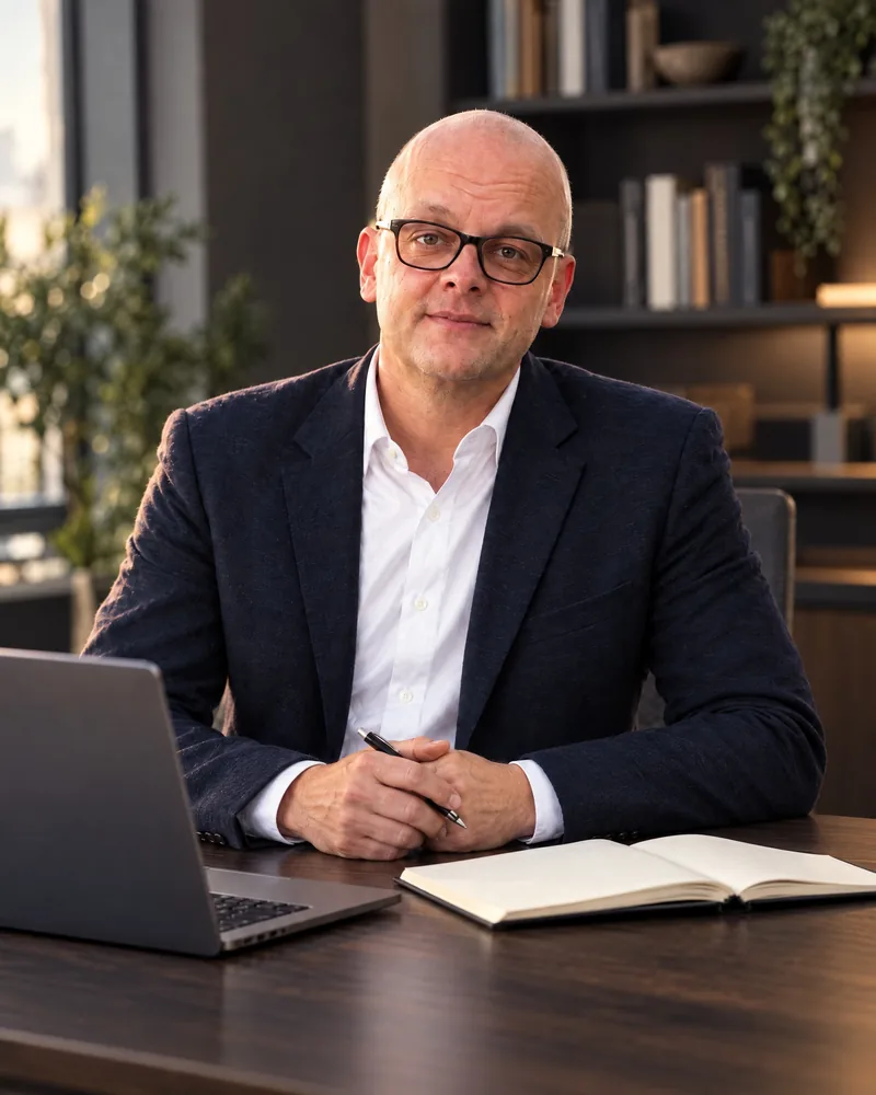 Bastian Schütz, CEO und Marketing bei hype.media, am Arbeitsplatz in der Agentur