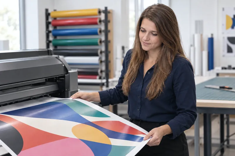 Janina Deichsler prüft am Großformatdrucker ein frisch gedrucktes Plakat