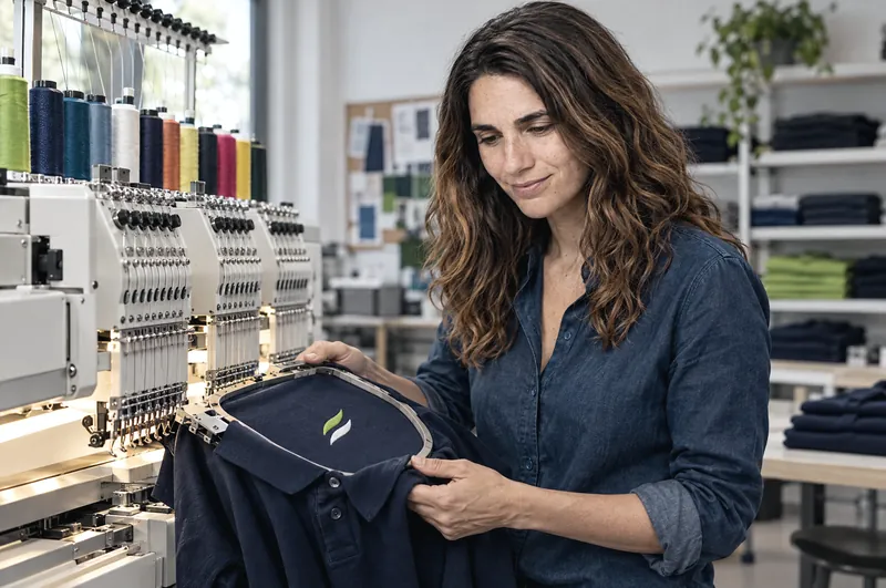 Magdalena Schneider kontrolliert an der Stickmaschine ein frisch besticktes Poloshirt im Stickrahmen