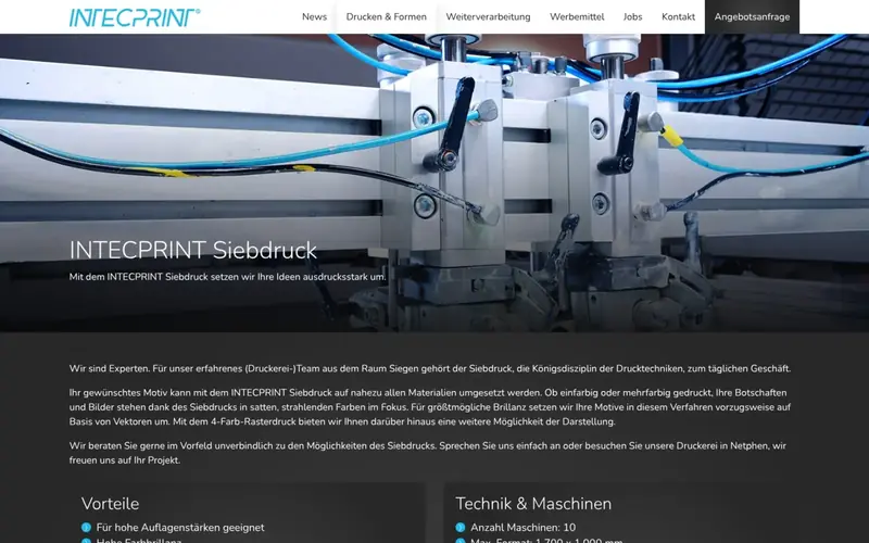 Screenshot der Website INTECPRINT (intecprint.de): Siebdruck