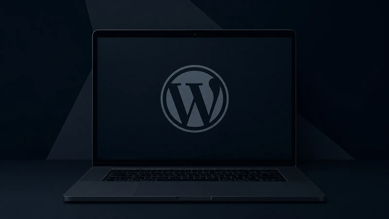 Laptop mit WordPress-Logo auf dunklem Hintergrund